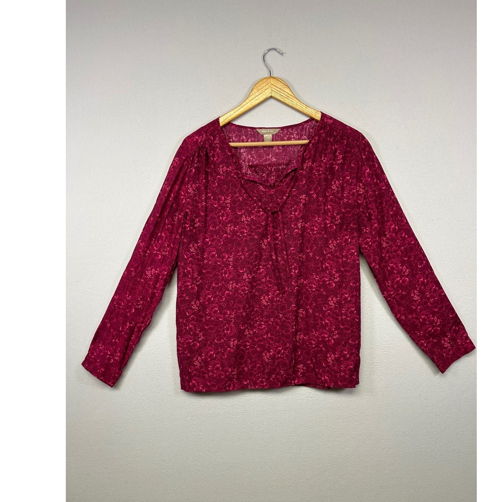 Boho Cottagecore White Stag Womens Large L Maroon Floral Tie Neck Peasant Blouse